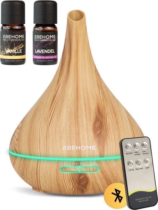 2BEHOME Aroma Diffuser met 2 Etherische Oliën & Afstandsbediening - 550ML - Lichte Houtlook