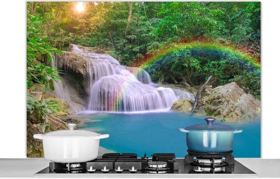 KitchenYeah Spatscherm keuken 120x80 cm - Kookplaat achterwand Regenboog - Zon - Waterval - Natuur - Muurbeschermer - Spatwand fornuis - Hoogwaardig aluminium