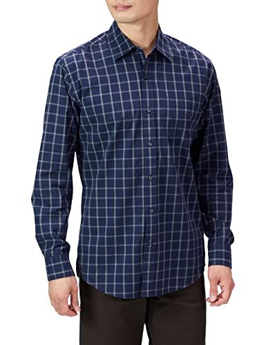 Amazon Essentials Men's Casual Poplin Shirt - Regular Fit, Long Sleeve - Navy Windowpane, S