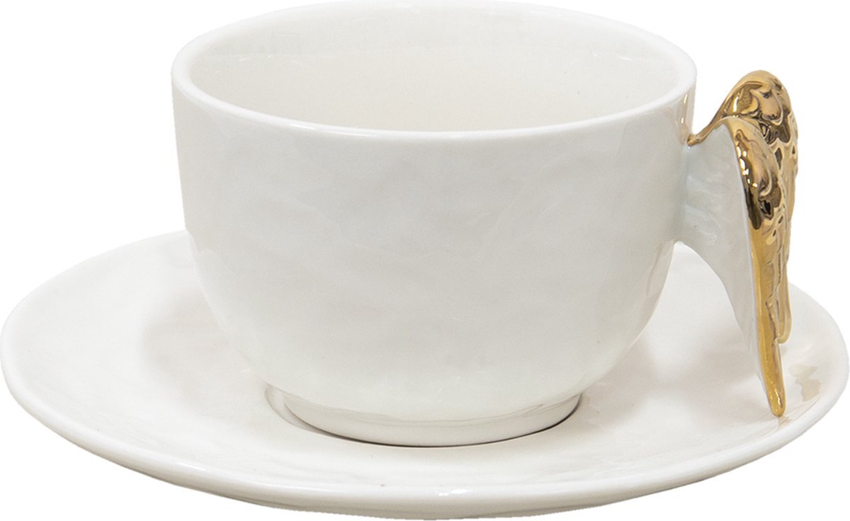 Clayre & Eef Kop en schotel 200ml Wit Keramiek Vleugels Servies Moederdag cadeau Cappuccino