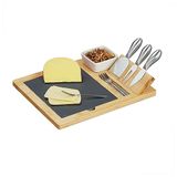 Relaxdays Kaasplank met leisteen dienblad, kaasbestek, sauskom, 4 serveervorken, bamboe kaasplank, natuur/zwart