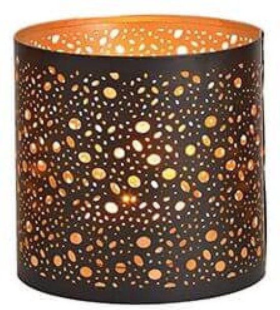 Zwarte metalen theelichthouder met gouden stippen - 13 cm