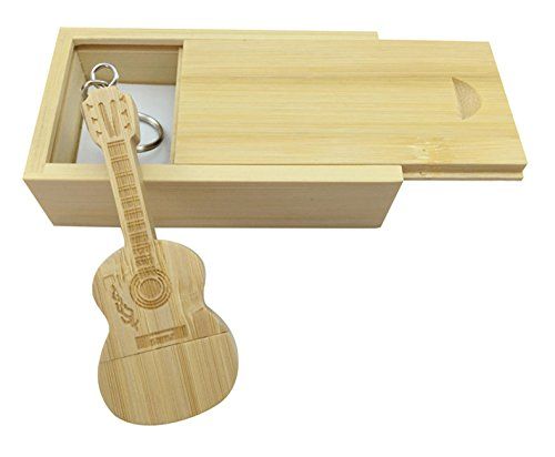 Meiyuexiang Gitaarvormige Esdoorn Hout Memory Stick USB Flash Drive in Houten Doos (3.0/32GB, Bamboe hout)