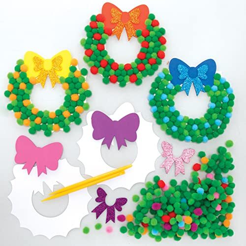 Baker Ross FE905 Kerstkrans Pom Pom Knutselspullen - Set van 5, ontwerp je eigen kerstdecoraties, Pom Pom decoraties voor kinderen om te maken, creatieve activiteiten voor kinderen