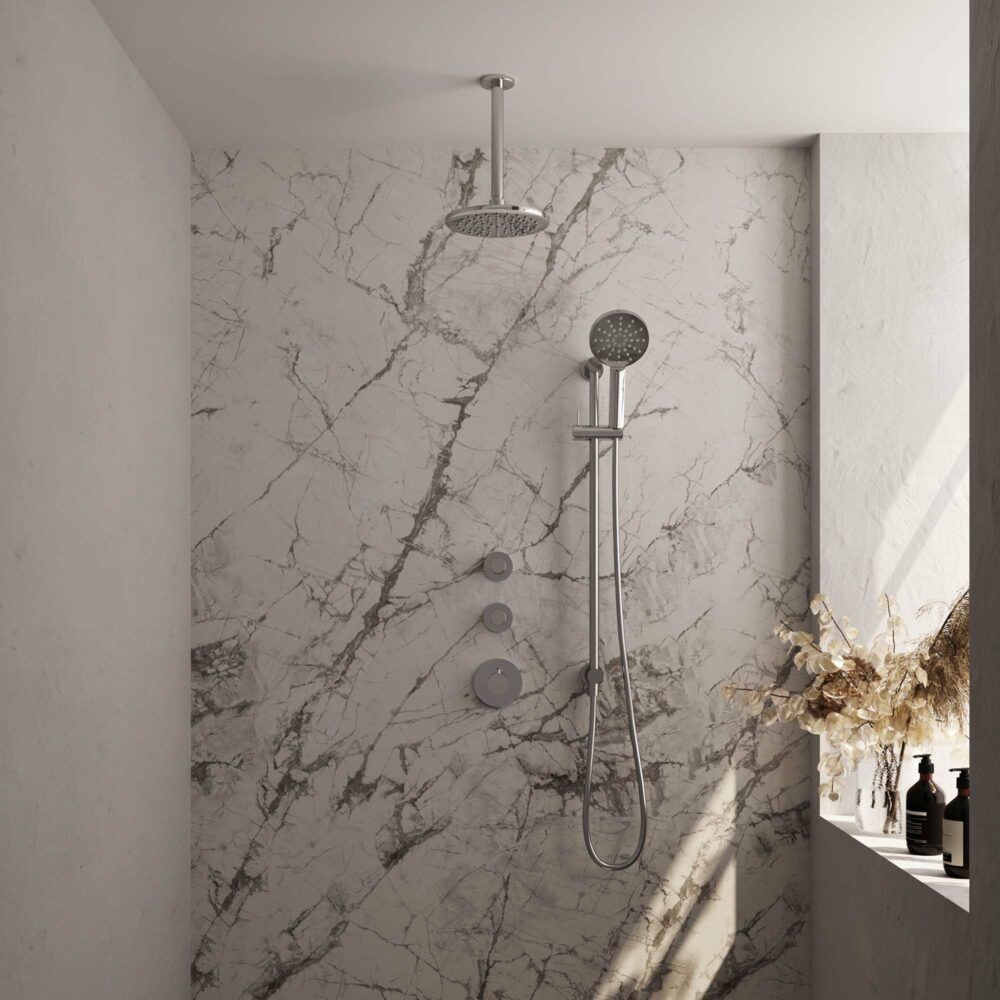 Brauer Chrome Carving thermostatische inbouw regendoucheset 20cm plafondarm met 20cm ronde hoofddouche 3 standen ronde handdouche 150cm gladde doucheslang met glijstang en handdouchehouder Chroom 5-CE-119