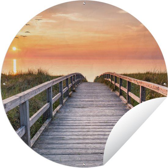 GreatGardenPosters Tuincirkel Zonsonderang - Zee - Pad - Gras - Duin - Vogels - 90x90 cm - Ronde Tuinposter - Buiten