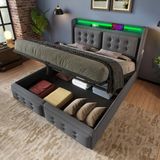 MODFU Bedframe 140x200 cm – katoen-linnen grijs – met hoofdbord, LED, USB/Type-C en hydraulische opbergruimte – elegant design