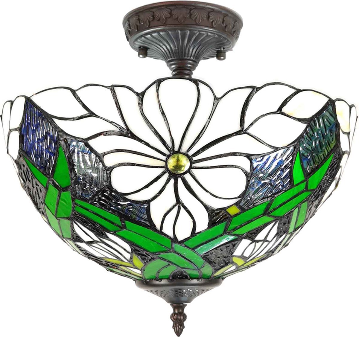 Lumilamp Plafondlamp Tiffany Ø 36*35 cm E27 / max 2*60W Groen, Wit Kunststof, Glas Plafonniere