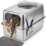 Merkloos Kattenbak XXL - Roestvrij staal - Gesloten - Met schep en strooimat - 48 liter