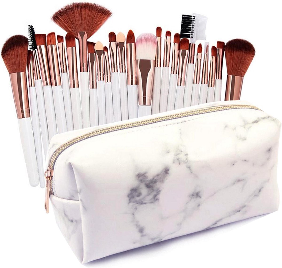 Evvie 24-delige make-up kwastenset - Wit/Rosé Goud - in etui Marble