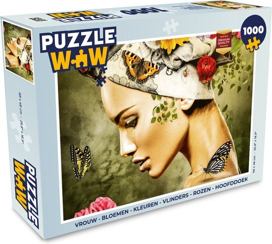 MuchoWow Puzzel Vrouw - Bloemen - Kleuren - Vlinders - Rozen - Hoofddoek - Legpuzzel - Puzzel 1000 stukjes volwassenen - Sinterklaas cadeautjes - Sinterklaas voor grote kinderen