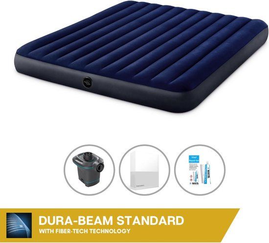 Intex Luchtbed - 2-Persoons - 183 x 203 x 25 cm - Blauw - Inclusief Hoeslaken en Reparatieset