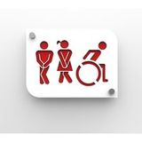 Pictogramme Toilettes Trio Homme Femme Handicapé Pmma Design Blanc Personnalisable - 20x15 Cm Avec Entretoises Inox 13 Mm
