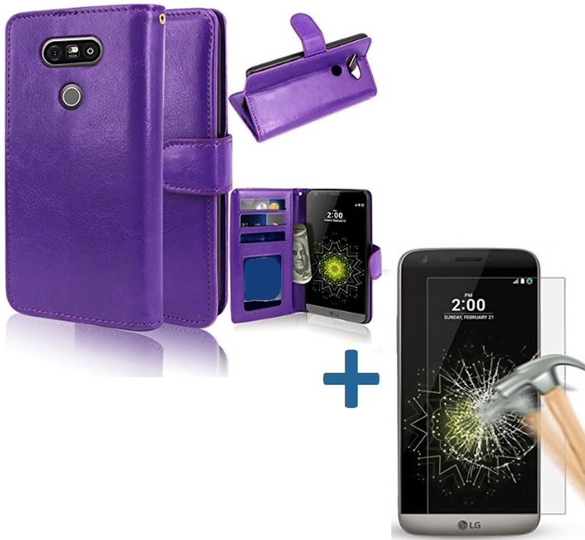 Aml LG G5 Portemonnee hoes paars met Tempered Glas Screen protector