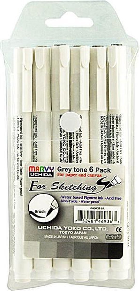 Marvy Uchida Technische Brushpennen Grijstinten 6 stuks