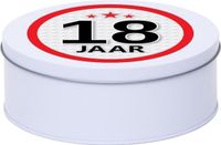 Merkloos / Sans marque Leeftijd Snoeptrommel - koektrommel Cadeau - wit - rond blik - met 18 jaar sticker - Cadeauverpakking - verjaardag - Dia blik is 18 cm