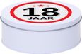 Merkloos / Sans marque Leeftijd Snoeptrommel - koektrommel Cadeau - wit - rond blik - met 18 jaar sticker - Cadeauverpakking - verjaardag - Dia blik is 18 cm