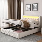 Lit Coffre 160x200 cm avec rangement et sommier, lit double capitonné avec éclairage LED, similicuir PU blanc