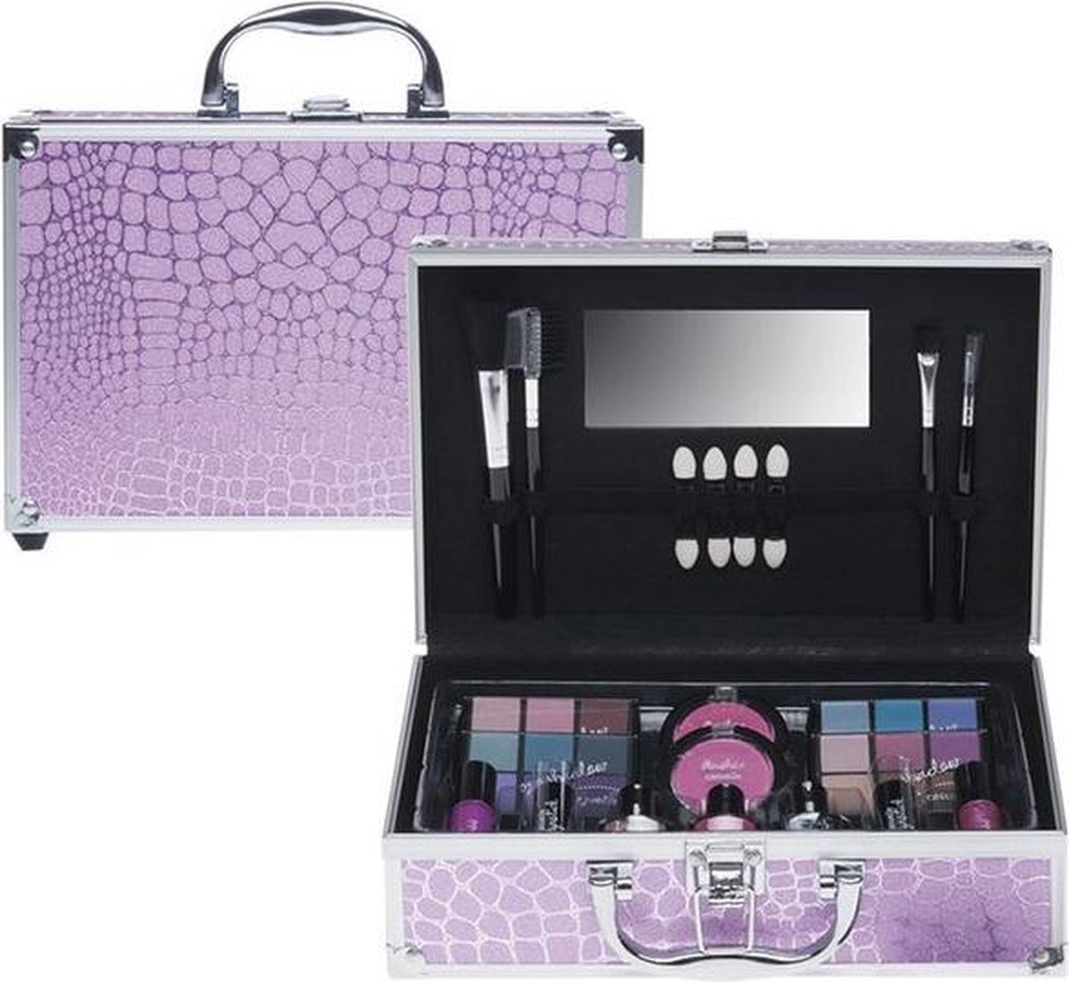 Braet Make-up koffer voor kinderen - casuelle cosmetica koffer - 41 delig met spiegel - roze - motief krokodil