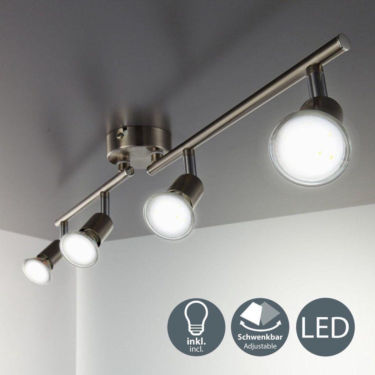 B.K.Licht Plafondspot - 4-Lichts - GU10 - Railverlichting - Mat Nikkel - Incl. 4x GU10 3.000K