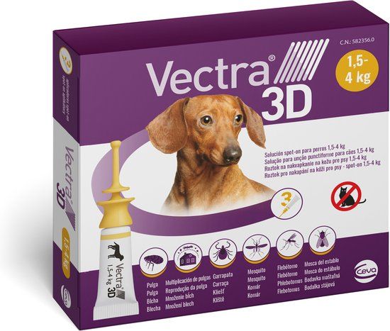 VECTRA 3D Hond - 1.5 tot 4 kg - Anti Teken- en Vlooiendruppels - 3 pipetten