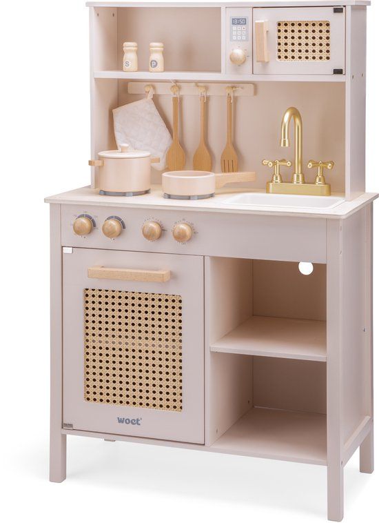 Woet® Houten Speelgoed Kinderkeuken - Speelkeukentje Roze met Rotan Details en Gouden Kraan - Vanaf 3 Jaar