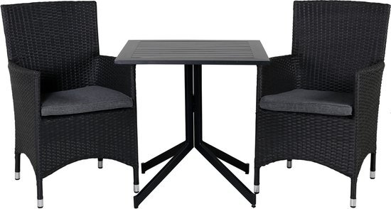 Hioshop Way tuinmeubelset tafel 70x70cm en 2 stoel Malin zwart.