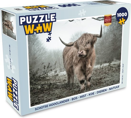 MuchoWow Puzzel Schotse Hooglander - Bos - Mist - Koe - Dieren - Natuur - Legpuzzel - Puzzel 1000 stukjes volwassenen - Sinterklaas cadeautjes - Sinterklaas voor grote kinderen