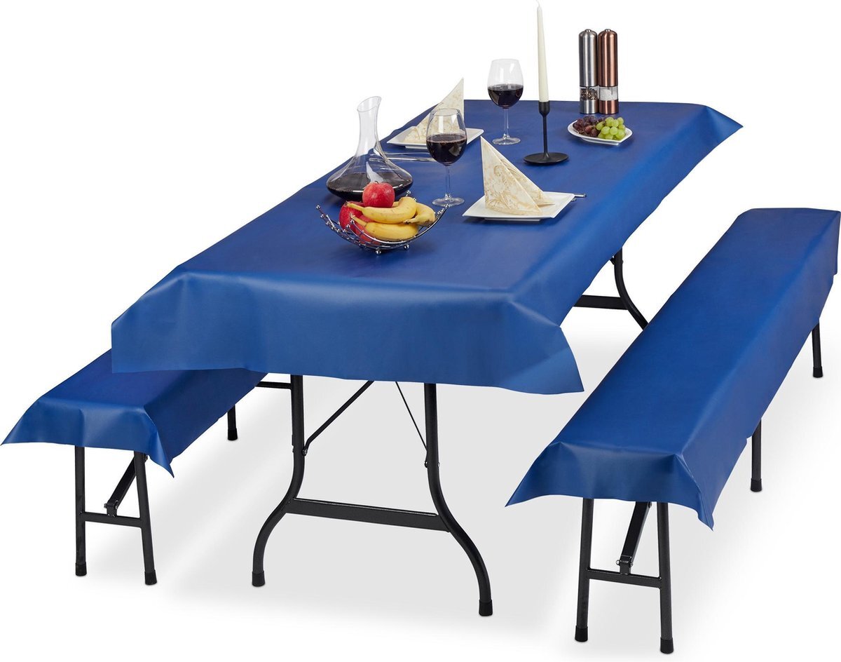 Relaxdays tafelkleed biertafel en banken - 3-delige hoezen set biertent - 250 x 100 cm blauw