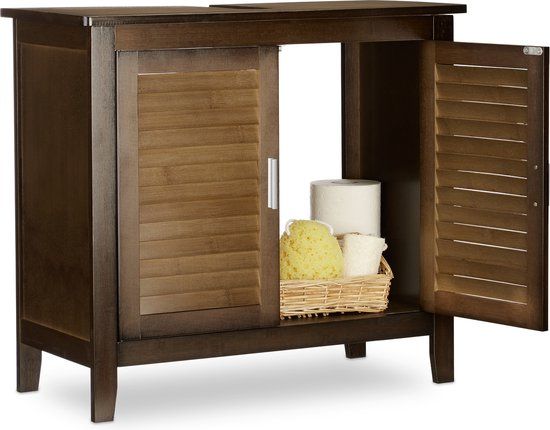Relaxdays wastafelonderkast met sifon uitsparing - 60 x 67 x 30 cm - bamboe - donkerbruin