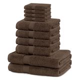 Marina Set van 10 katoenen kwaliteit 525 g/m² 4 gastendoekjes 30 x 50 cm, 4 handdoeken 50 x 100 cm en 2 badhanddoeken 70 x 140 cm, bruin, notenbruin, absorberend