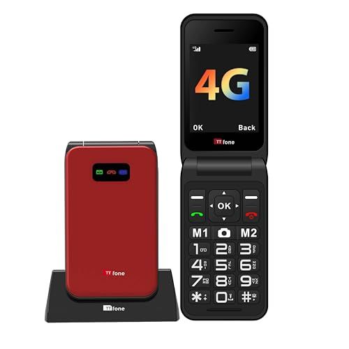 TTfone TT760 Flip 4G Mobiele Telefoon met Grote Toetsen voor Ouderen met Noodhulpknop - Ontgrendelde Basis Mobiele Telefoon (Rood, met oplaadstation)