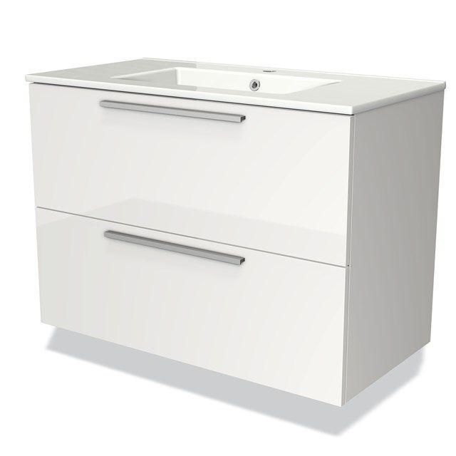 Maxaro Badkamermeubel 90cm Modulo Hoogglans Wit 2 Lades Vlak Wastafel Keramiek