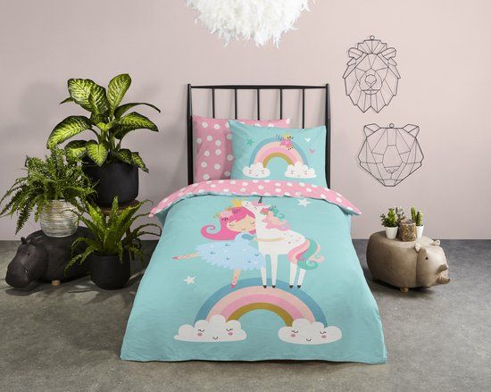 Good Morning Dekbedovertrek Eenhoorn met Regenboog - 1 Persoons - 140x200/220 cm - Multi - 100% Katoen