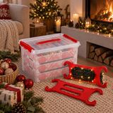 Sunware Opbergbox - voor 60 kerstballen - met kerstverlichting haspels - rood