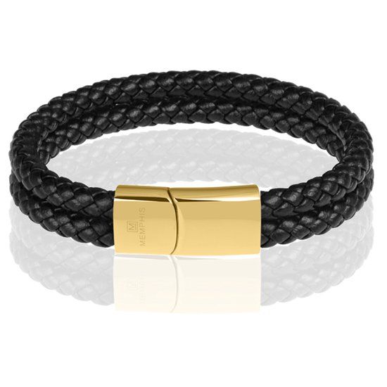 Memphis dubbele leren armband Zwart Goudkleurig-20cm