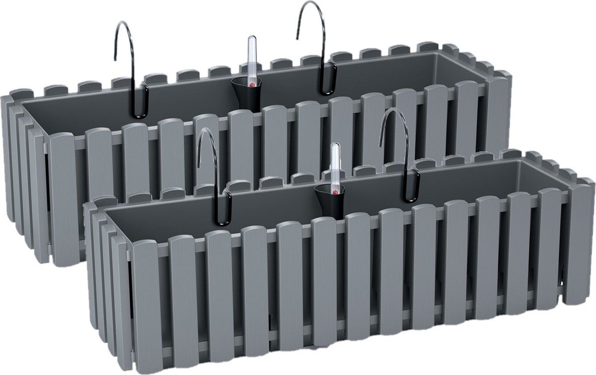Prosperplast 2x stuks fence-look plantenbakken kunststof 58 x 18 x 16 cm steengrijs