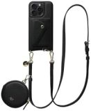AVY Leren Hoesje geschikt voor Apple iPhone 15 Pro | Met Koord, Wallet en Pouch | Compatibel met MagSafe | Leather Case met 130CM Koord | Long Leather | Zwart