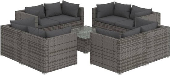 vidaXL 9-delige Loungeset met kussens poly rattan grijs