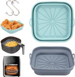 Alyvisun Air Fryer Siliconen Pot, 2 Stuks Airfryer Pan Liners Herbruikbare Heteluchtfriteuse Mand Vierkant Opvouwbare Tray Rack Accessoires Basket voor Magnetron, Oven (Blauw+Grijs)