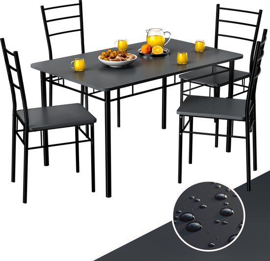 Casaria Eetkamerset Leo - 1x Eettafel 4x Stoel - Antraciet