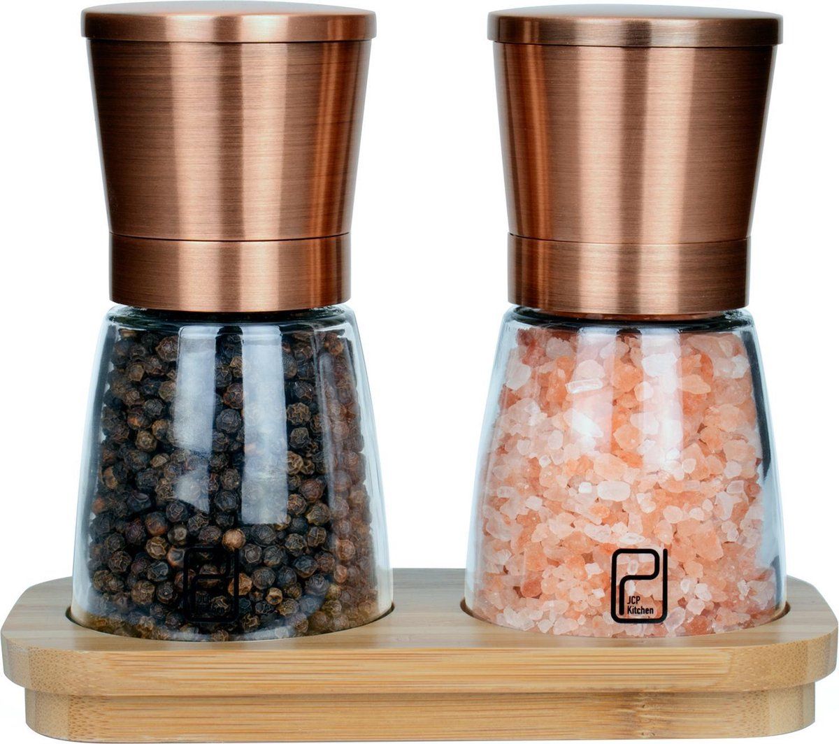 JCPKitchen Peper en Zoutmolen Set van 2 - Koperen Pepermolen en Zoutmolen - Koper RVS - Verstelbare Maalgraad - Bamboe Houder