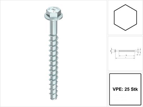 HECO MULTI-MONTI-plus schroefanker 10x140 - zeskantkop - verzinkt - Grijs - Staal (Per 25 stuks)