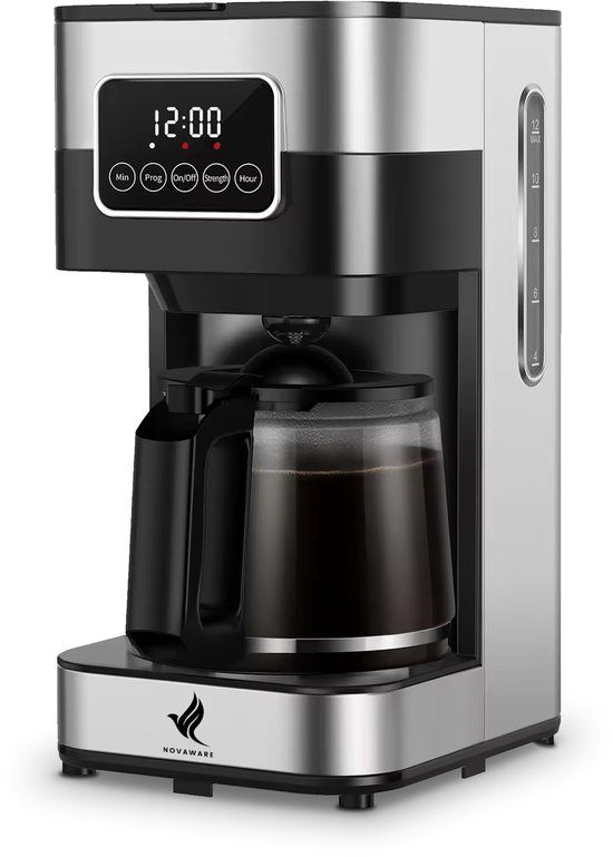 NovaWare Koffiezetapparaat Filterkoffie - 1.5L – Met Glazen Kan & Herbruikbaar Filter - Display – 12 Kopjes – Zwart/RVS