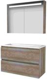 Basic-Line Premium 46 Badkamermeubelset - 100 x 46 cm - Greeploos - 2 Lades - Acryl Wastafel - 1 Kraangat - Spiegelkast met LED Verlichting - Scotch Oak