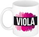 Bellatio Decorations Viola naam cadeau koffie mok - beker - met roze verfstrepen - Cadeau collega - moederdag - verjaardag - juf - coach - 300 ml - wit