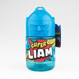 Gepersonaliseerde kinderfles, waterfles met rietje - Super Liam, blauw