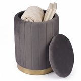 Merkloos Relaxdays Poef met opbergruimte - Ø 32 cm - fluweel - donkergrijs