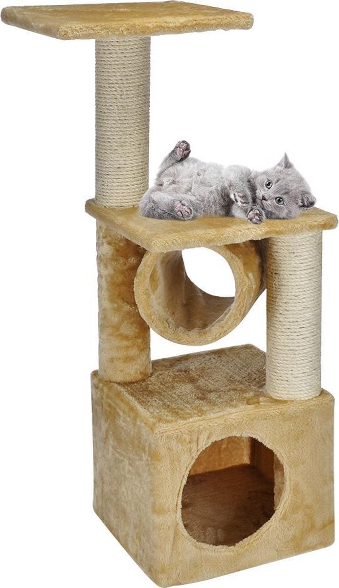 Haushalt International Katten Krabpaal met speeltunnel 30x30x92 cm beige