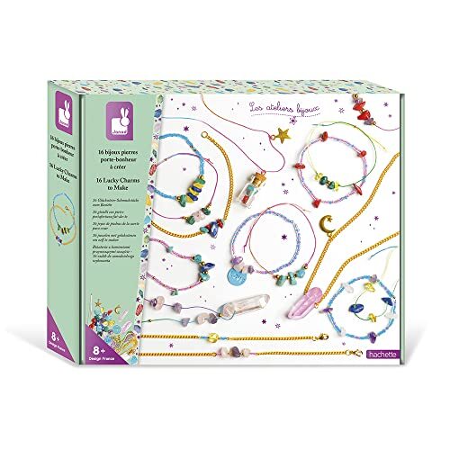 Janod - Set met 16 sierstenen, sierstenen, om te knutselen, 3 halskettingen en 13 armbanden – Les Ateliers Bijoux – creatieve set voor kinderen – vrijheid en concentratie – vanaf 8 jaar, J07938